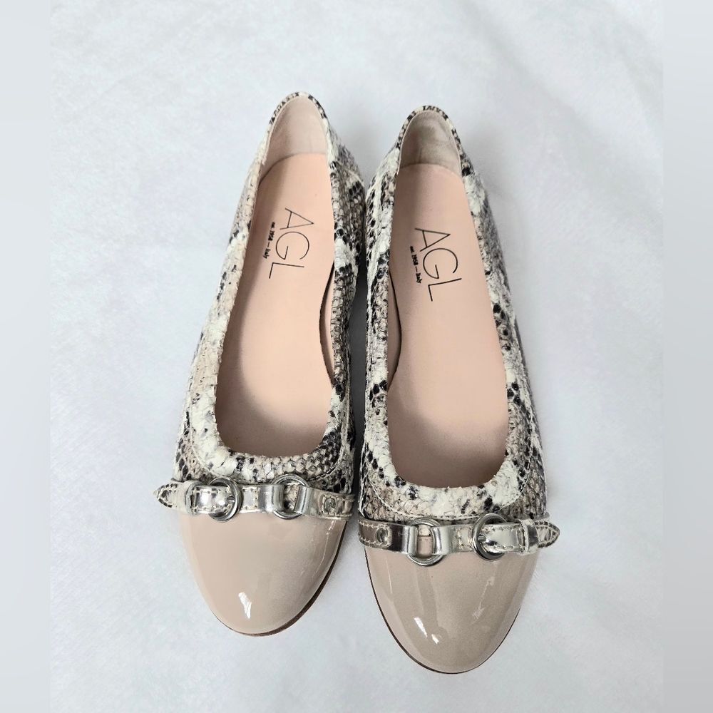 AGL Attilio Giusti Leombruni Snakeskin Cap Toe Buckle Ballet Flats - Size 6